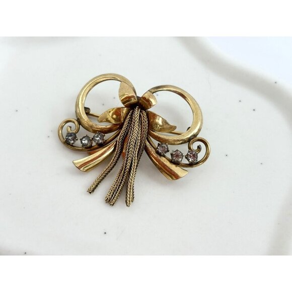 Vintage Ribbon Tassle 12k Gold Filled & Rhinestone Accented Retro Brooch Pin - Picture 3 of 6